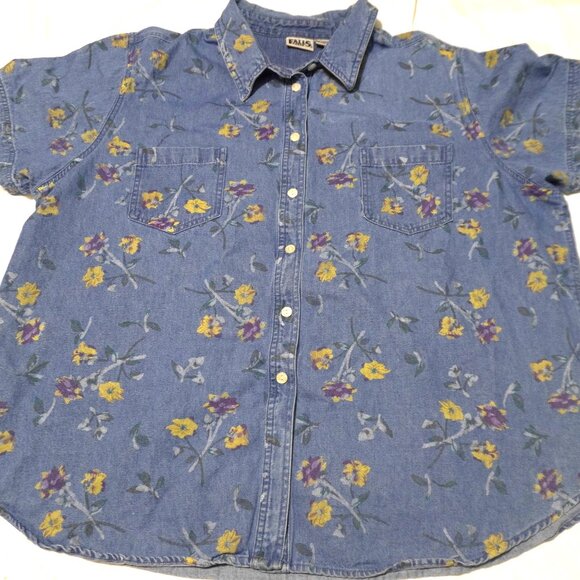 Plus Falls Creek Floral Denim Button-Down Short Sleeve Shirt Sz 26W - Picture 1 of 3